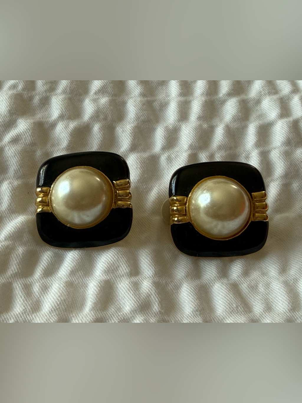Vintage Large Enamel Faux Pearl Square 80s Statement Earrings